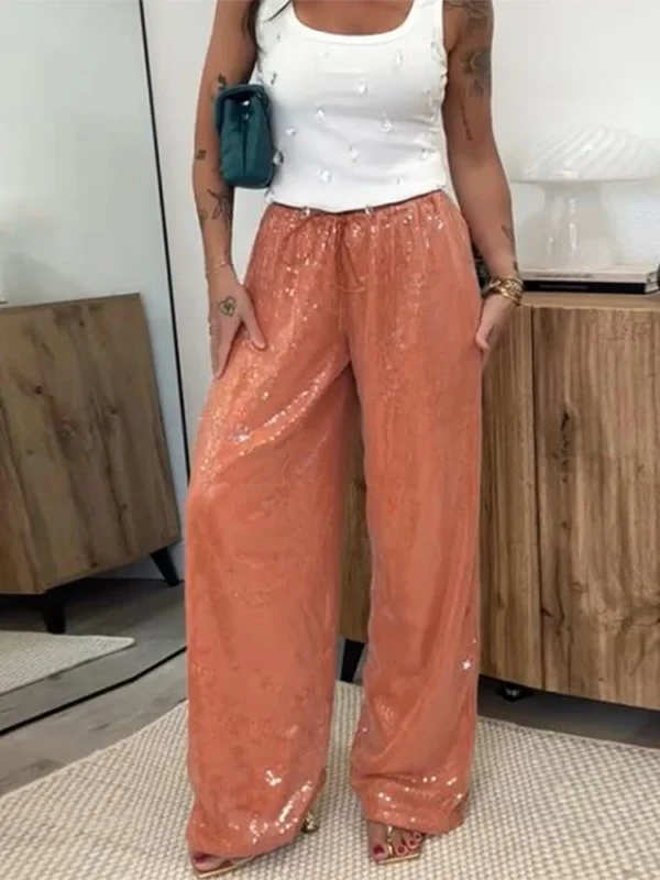 Sefcfab25645141eaabf442be62279120Z.webp Chic Sequined Women's Trouser Mid-Waist Lace Up Lady Straight Mop Pants 2026 Summer Autumn Fashion Female Bottoms Vacation