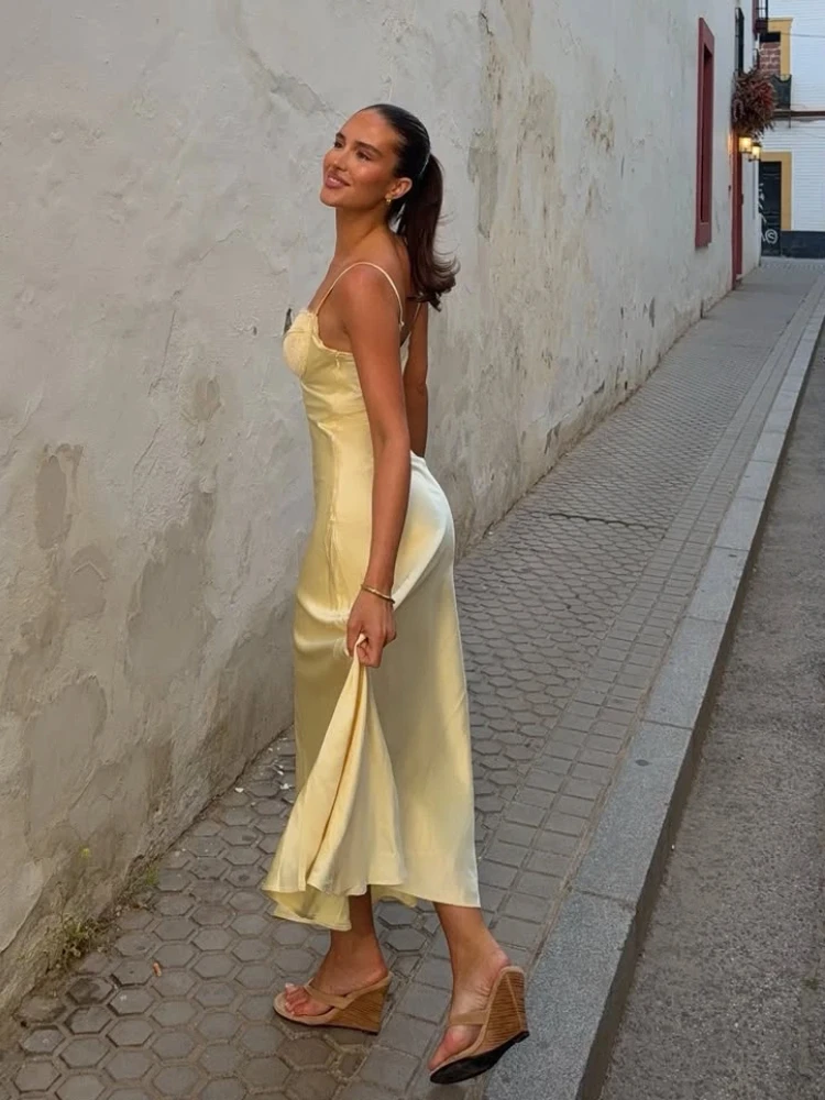 Satin Sexy Lace Spliced Maix Sling Dress Women Sleeveless Backless Yellow Vacation Vestidos 2026 Fashion Summer Lady Dresses - Image 6