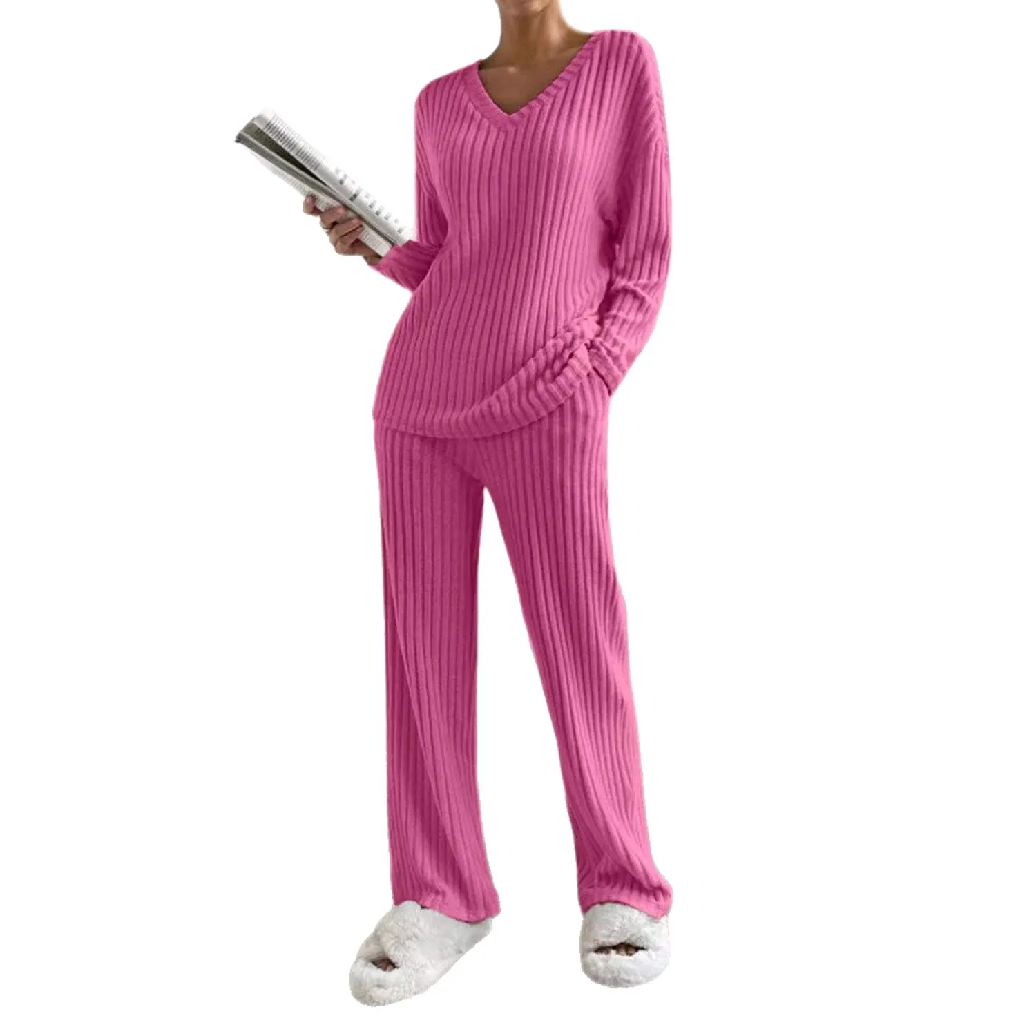 Fashionable Knitted Two-Piece Set Casual V-Neck Long Pants Autumn Winter New Style Loose Fit Korean Style Comfortable Polyester - Image 5