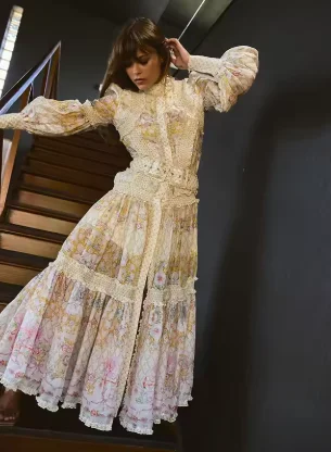 Vintage Print High Neck Midi Dress Belted Waist Bell Sleeve Flared Hem 2026 Summer Spring Chic Women Elegant Wedding Guest Gown - Image 11