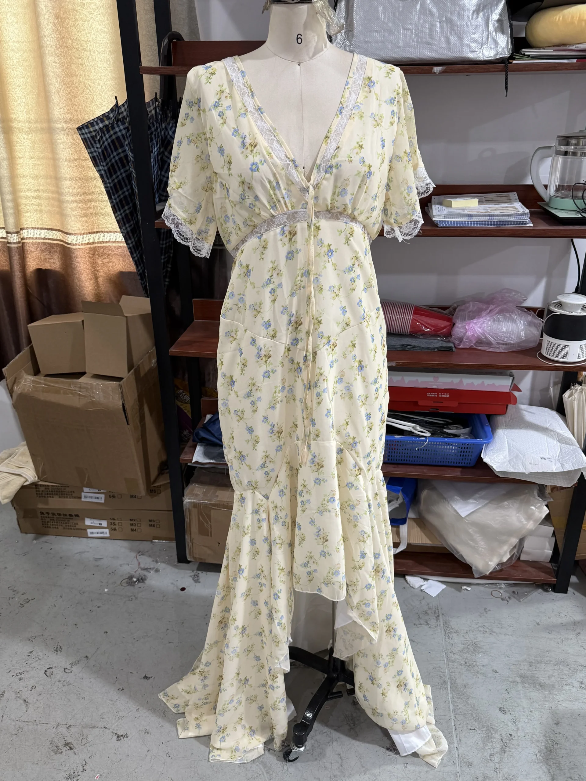 Vintage Print High Neck Midi Dress Belted Waist Bell Sleeve Flared Hem 2026 Summer Spring Chic Women Elegant Wedding Guest Gown - Image 9