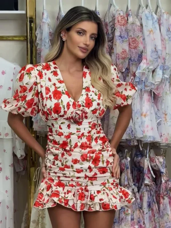 Sf57a1b22d1964d07b44f2a84827057f9e.webp White Red Floral Ruched Puff Sleeve Mini Dress V-neck Ruffle Hem 3d Rose Dresses 2026 Summer Lady Party Sweet Date Vestidos New