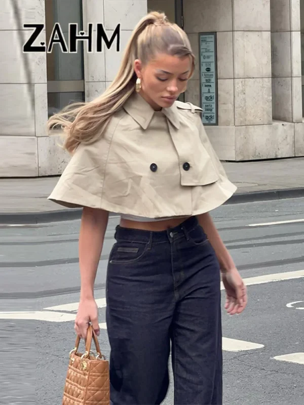 Sf7237da45bda4864b7fa2b5e98cd5b454.webp Casual Solid Women's Cope Turn-Down Collar Double Button Solid Lady Cloak 2026 Spring Summer Fashion Female Street Crop Tops New