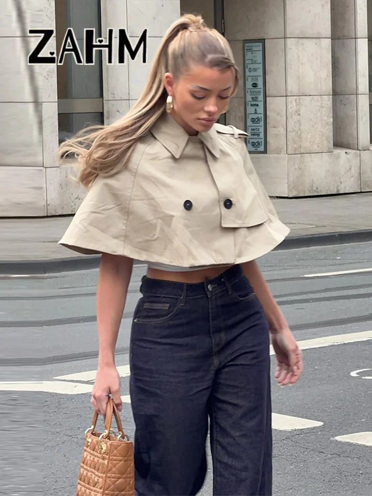 Casual Solid Women's Cope Turn-Down Collar Double Button Solid Lady Cloak 2026 Spring Summer Fashion Female Street Crop Tops New - Image 3