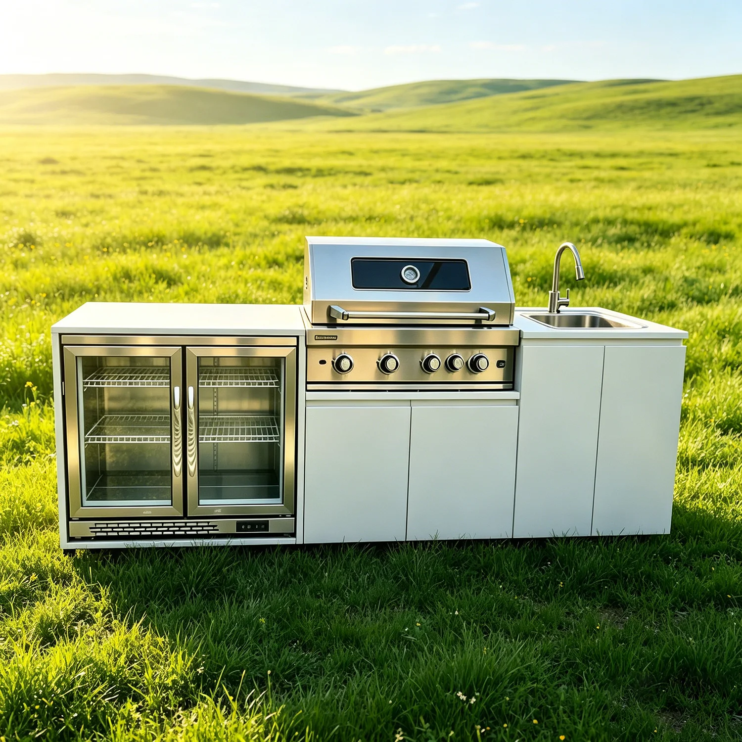 Stainless Steel Outdoor Kitchen With BBQ And Fridge With Grill Cooktop Sink Fridge Rolling Movable On Wheels For Backyard Patio - Image 5