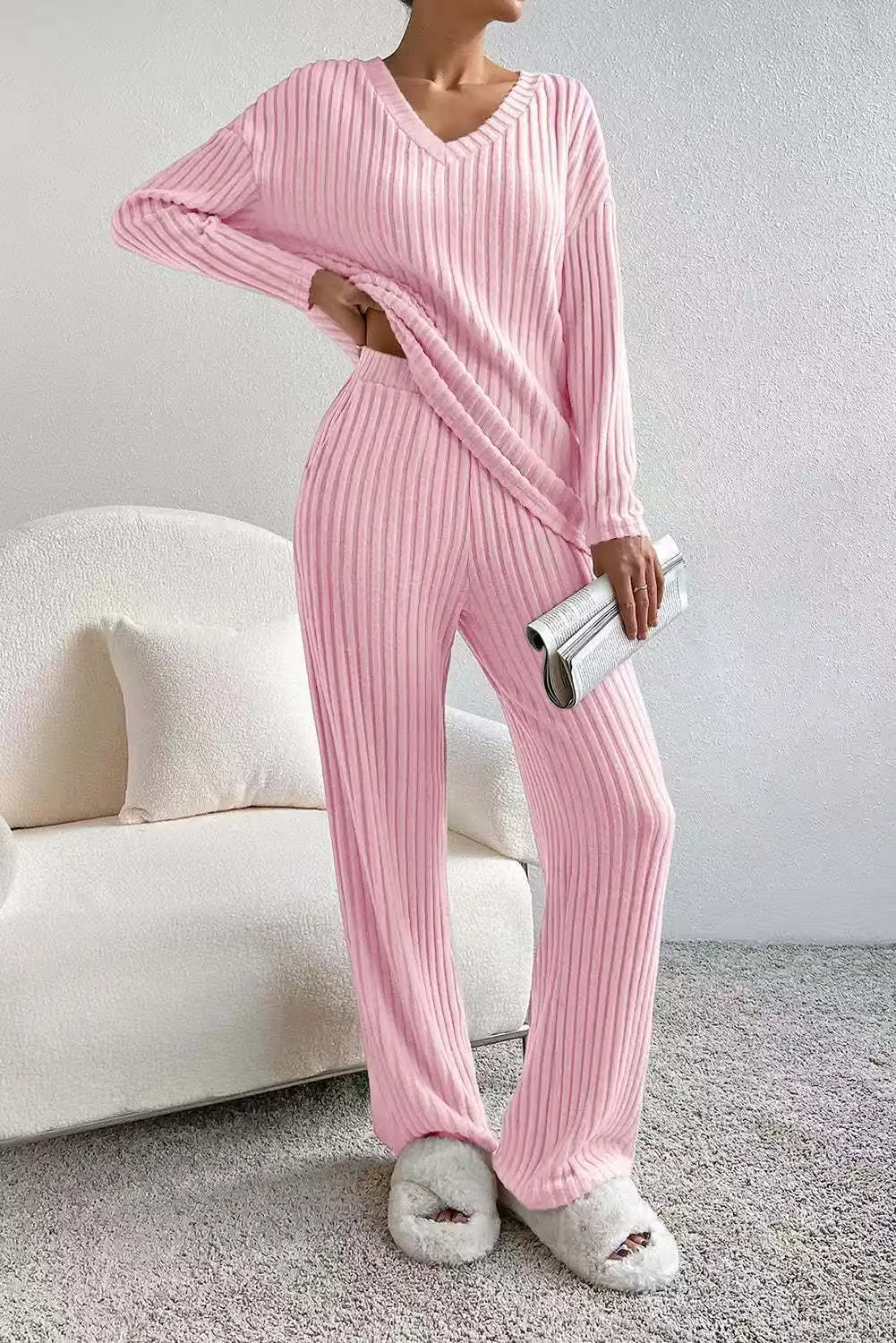 Fashionable Knitted Two-Piece Set Casual V-Neck Long Pants Autumn Winter New Style Loose Fit Korean Style Comfortable Polyester - Image 10