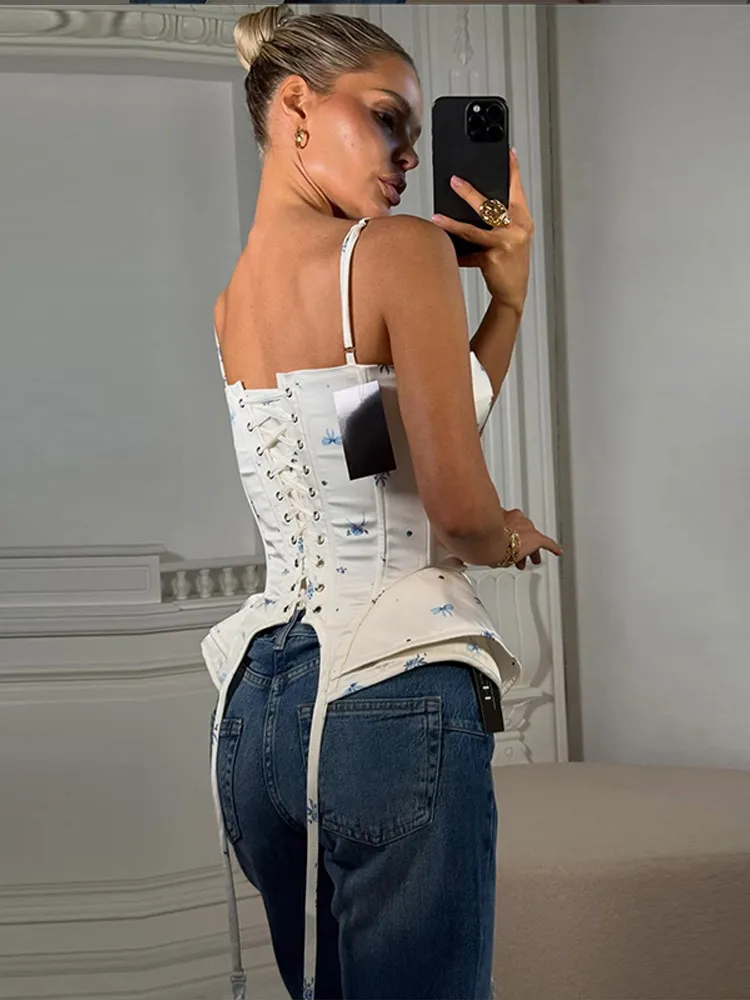 Sexy Print Fishbone Sling Tops Women Bandage Ribbon Patchwork Fitted Corset Female 2026 Summer New Chic Evening Party Tanks Lady - Image 3