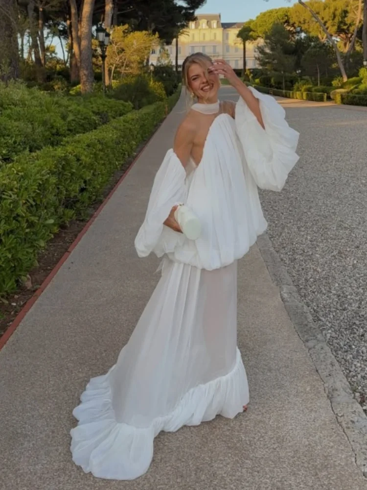 Trendy White Chiffon Off-shoulder Halter Maxi Dress Suit Chic Sheer Mesh Long Sleeve Flowy Vestidos 2026 New Formal Evening Gown - Image 5
