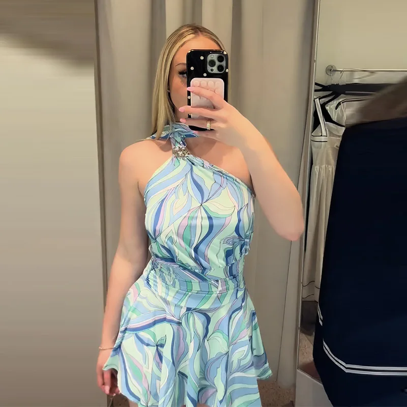 Print Women Dress Backless Mini Dress Halter High Waist Dresses Flared Skirt Hem Waist Shaping Slimming Casual Trendy Street Sty - Image 2