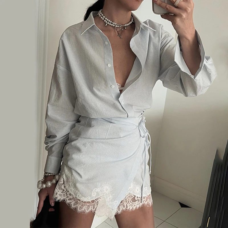 Striped Mini Dress Women Lapel Single Breasted Long Sleeves Lace Patchwork Waistband Robe Female 2026 Summer Beach Vacation Sets - Image 7