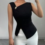Sff3343e1c441470cbaccf87ba9a95ff6t.webp Womens Tank Top Asymmetric Ruched Split Decor Tank Top Ruched Blouse Fitted Elegant Chic Apparel Tops Spring Summer Daily Shirts