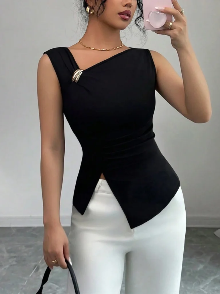 Sff3343e1c441470cbaccf87ba9a95ff6t.webp Womens Tank Top Asymmetric Ruched Split Decor Tank Top Ruched Blouse Fitted Elegant Chic Apparel Tops Spring Summer Daily Shirts