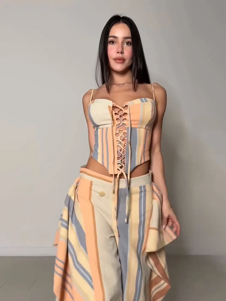 Sexy Print Vest Pants Women Set Beach Patchwork Slash Neck Lace Up Top Pleated Trousers 2026 Summer Holidays Lady Outfit - Image 3