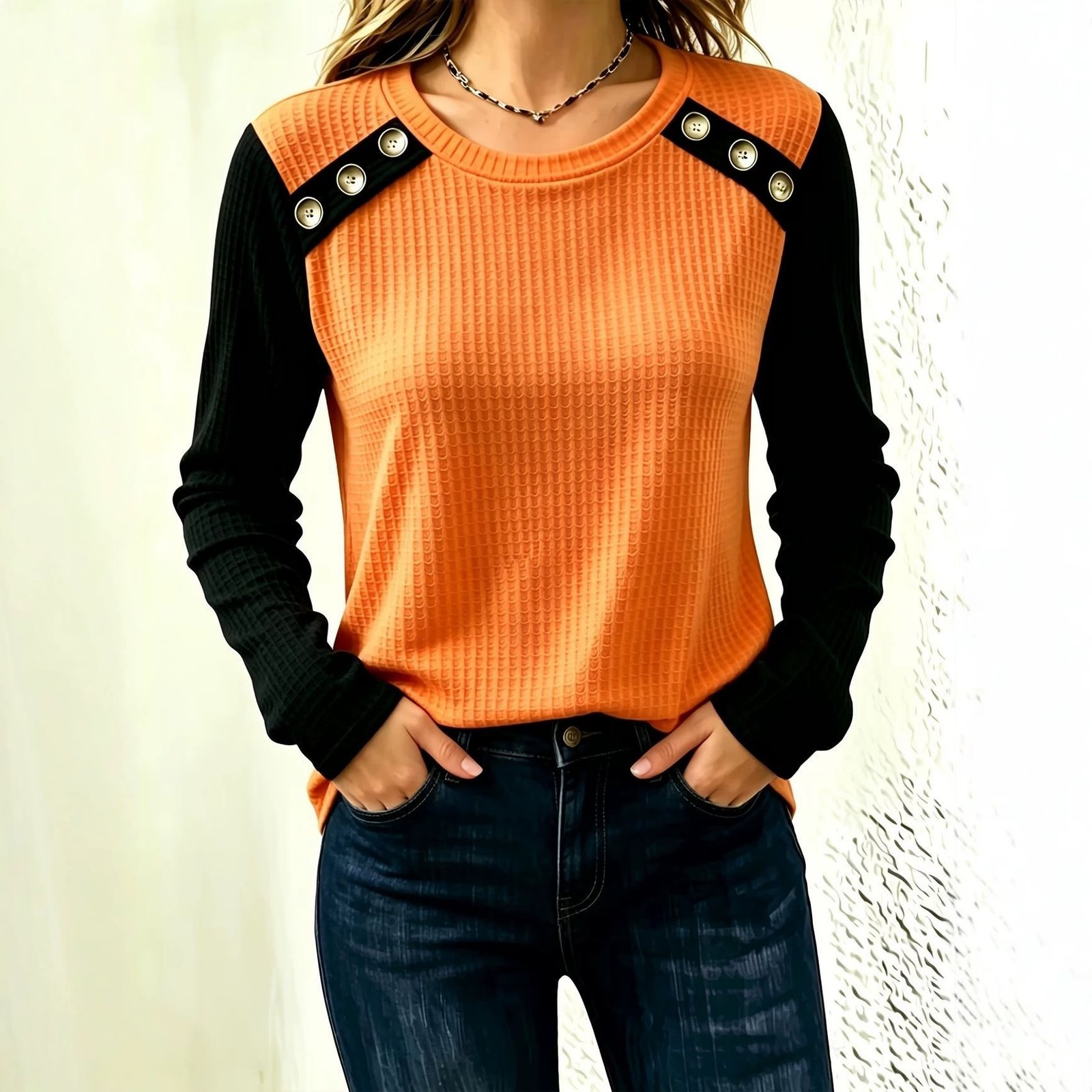 FallWinter Crew-neck Patchwork Waffle-knit Long-sleeve Top
