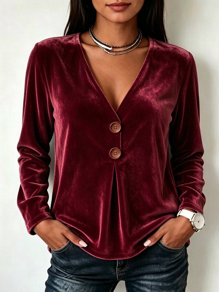V-neck Velvet Solid-color Long-sleeve Womens T-shirt - Image 9