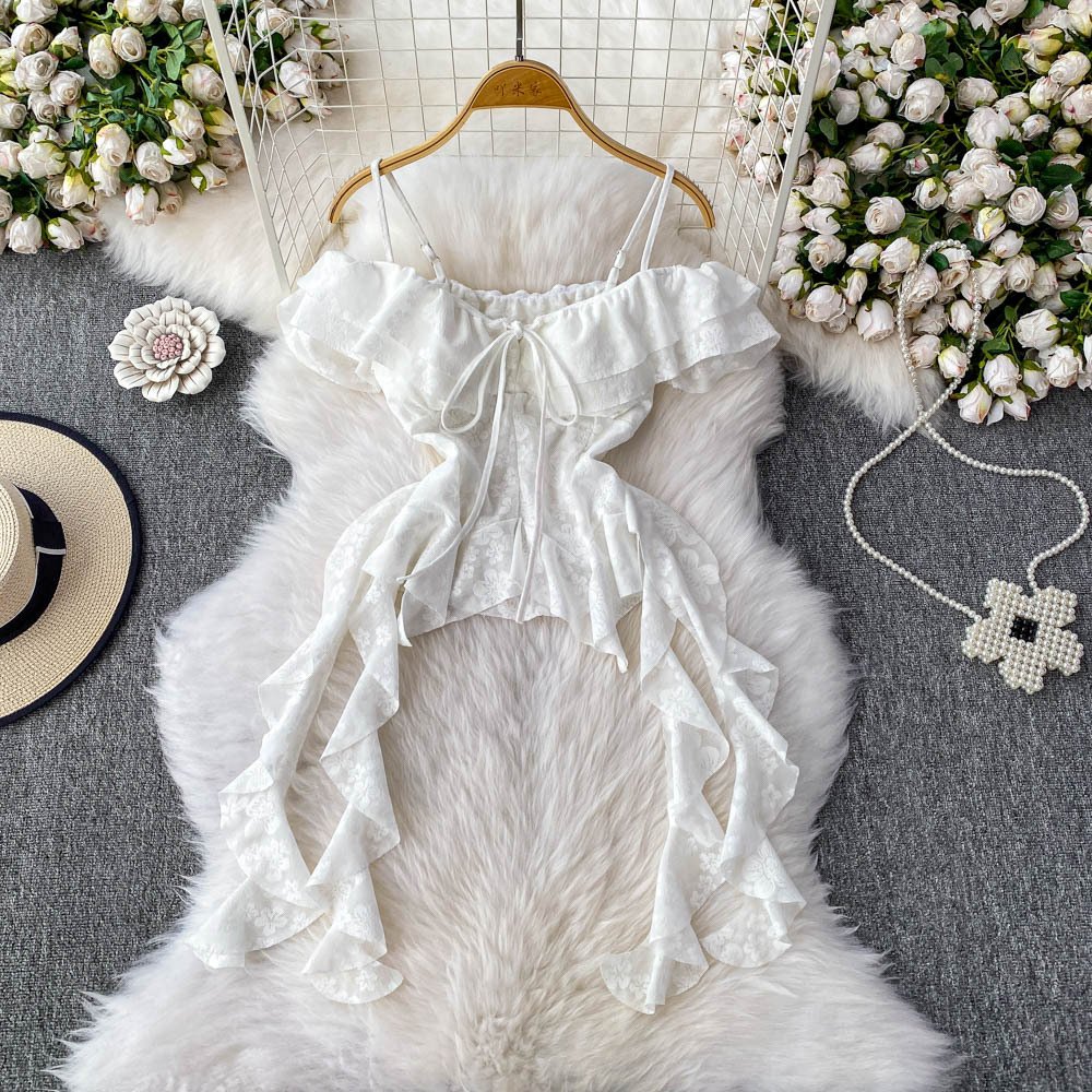 French-style Elegant Off-shoulder Camisole With Ruffled Trim - Image 8