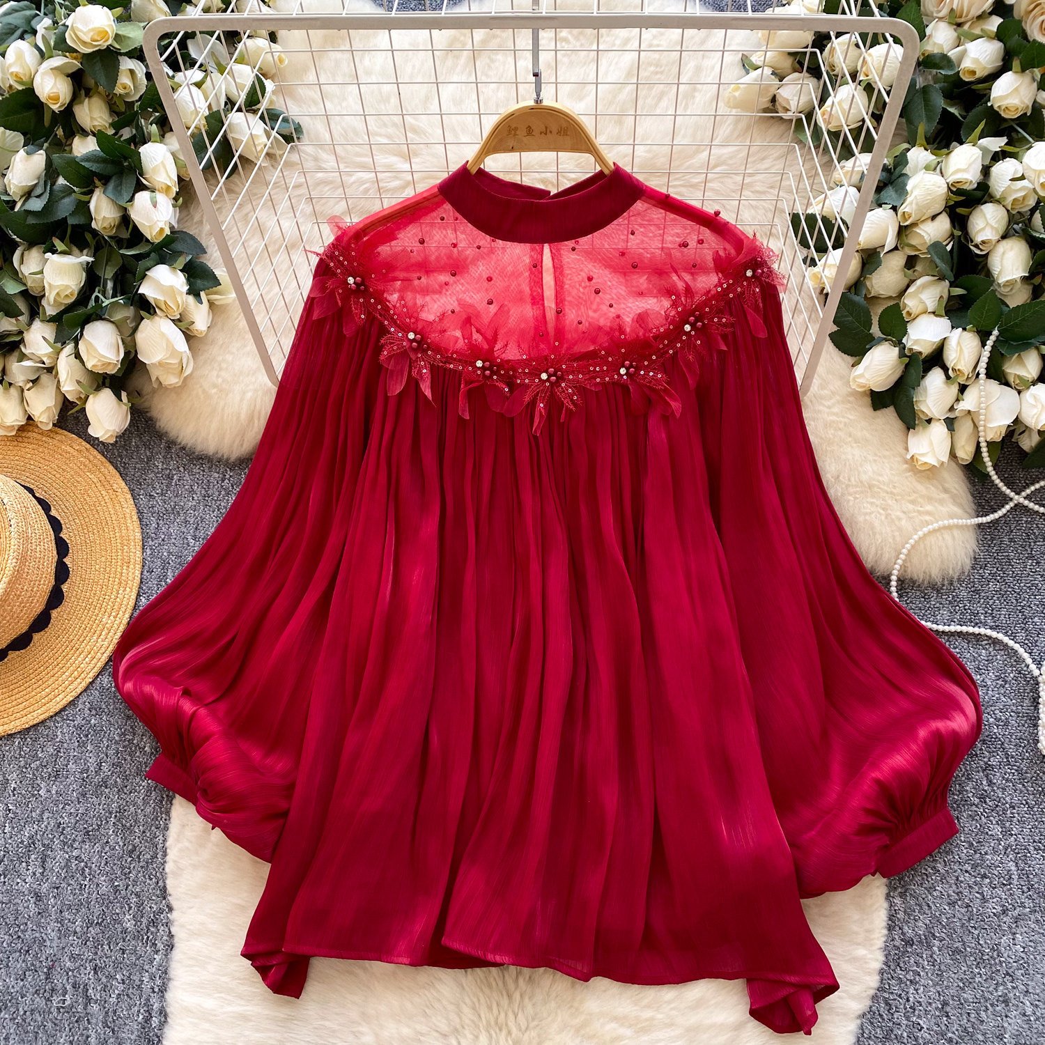 Fairy-style Puff-sleeve Mesh Long-sleeve Floral Blouse - Image 10