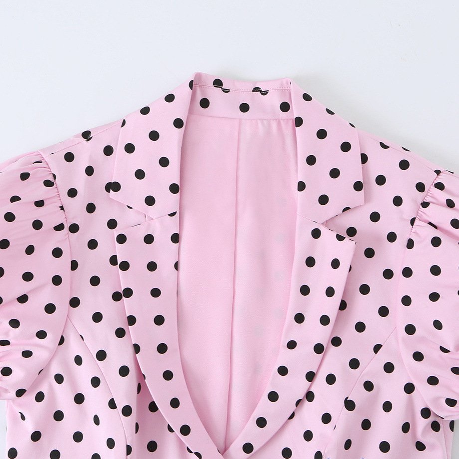 Womens Summer New Arrival French-Style Single-Breasted Short-Sleeve V-Neck Polka-Dot Print Top - Image 3
