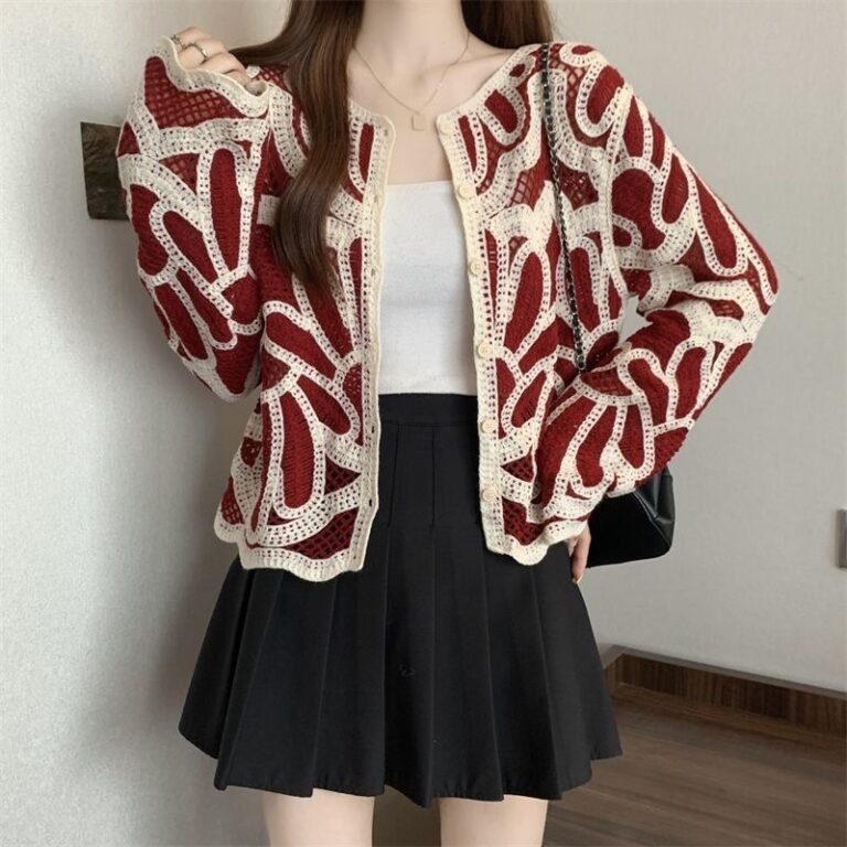 Loose-fitting Long-sleeve Hollow-out Knitted Cardigan Top