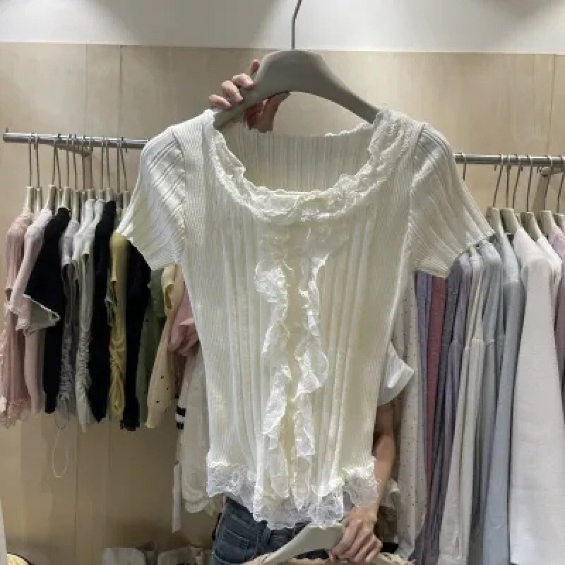 Elegant Lace-Trimmed Knitted Top For Women - Image 2
