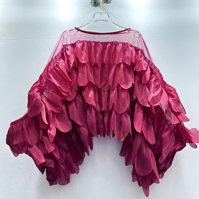 Chic Batwing-sleeve Blouse With Irregularly Shaped Ruffled Trim - Image 8