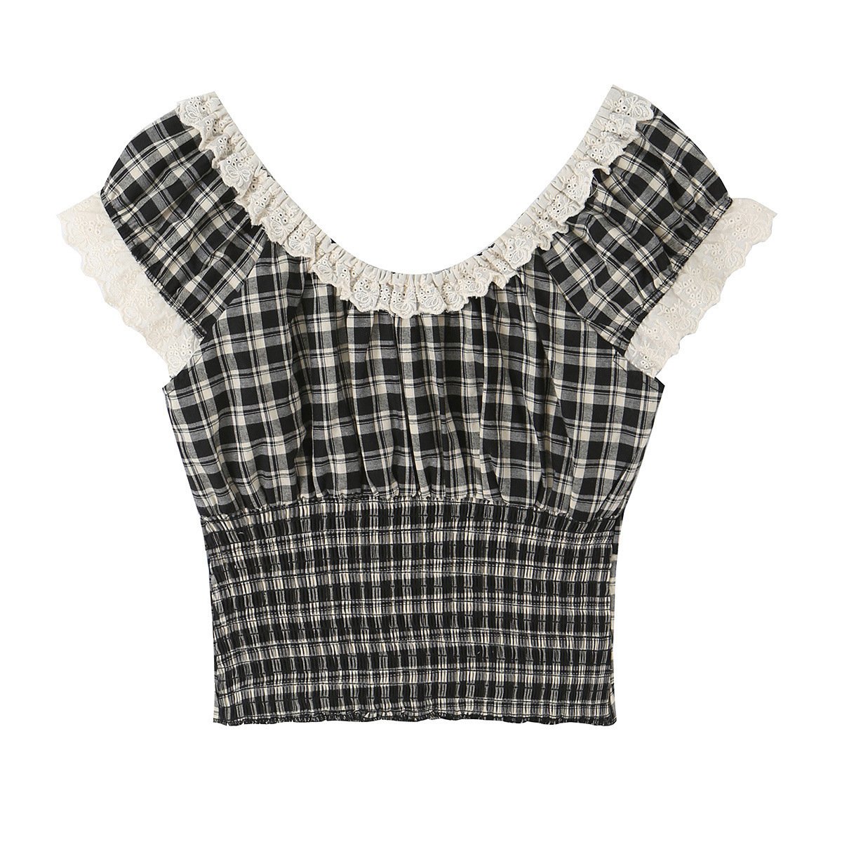 French-style Vintage Plaid Top With Ruffled Trim And Small Puff Sleeves - Image 2