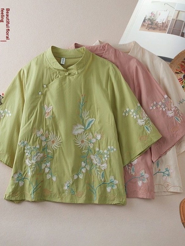 Chinese-style Embroidered Ramie Shirt For Women Spring Season With A Slanted Placket - Image 3
