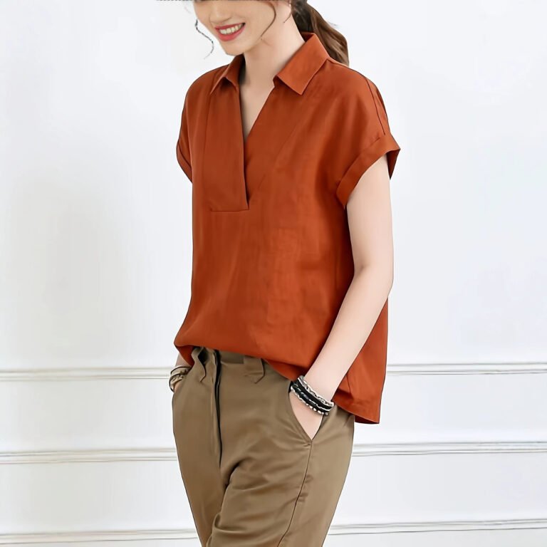 Womens Solid-color Loose-fit Casual Short-sleeve Lapel Top