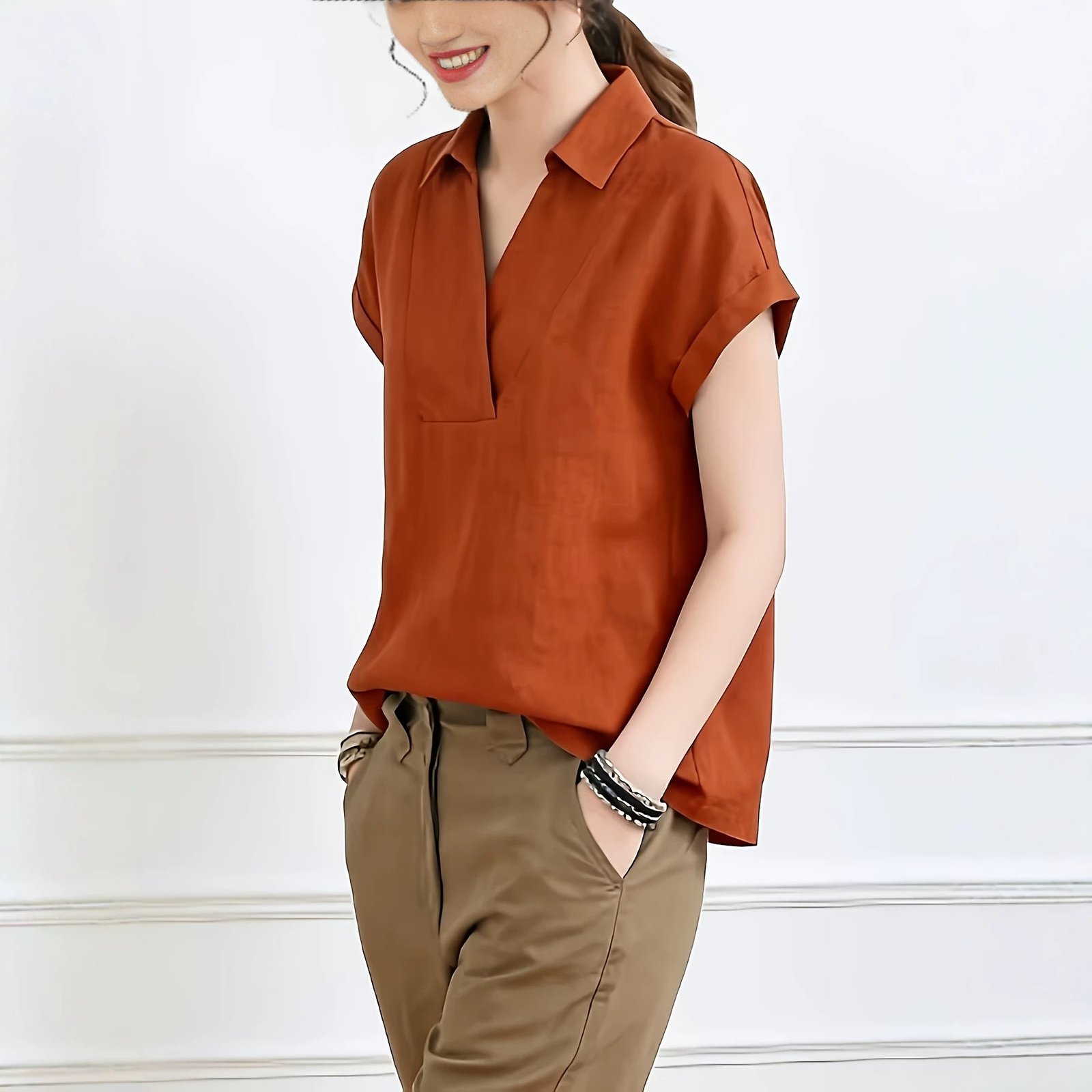 Womens Solid-color Loose-fit Casual Short-sleeve Lapel Top
