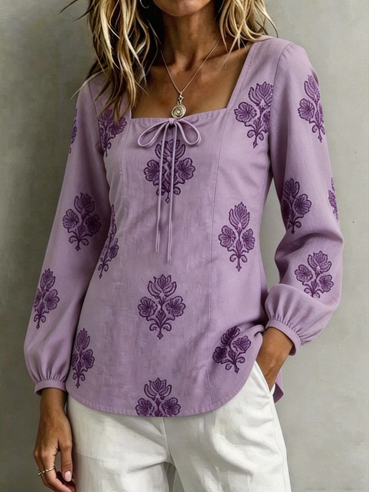 Womens Casual Long-sleeve Square-neck Top With A Standard Digital Print - Image 9