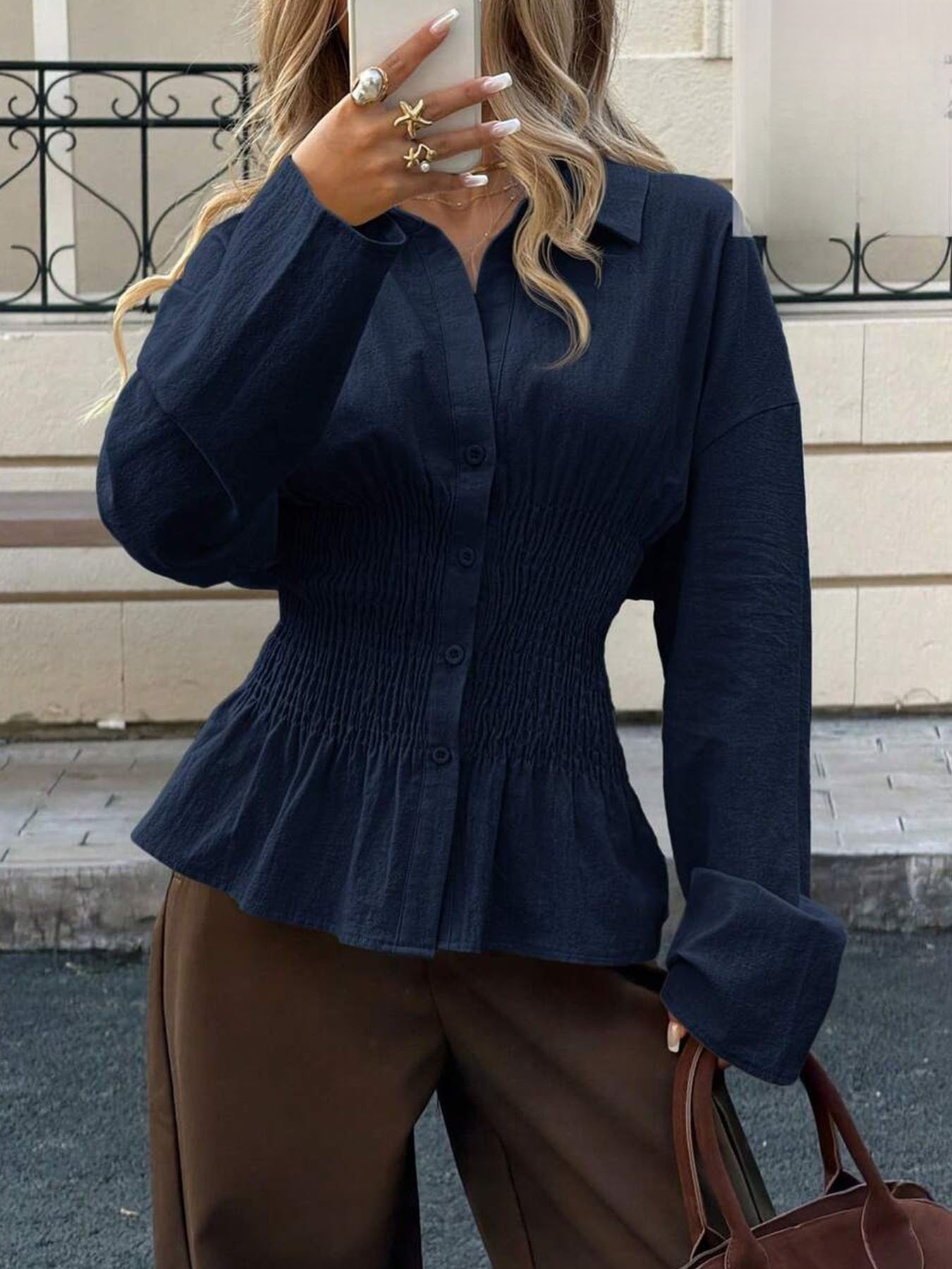 Elegant Solid-color Pleated Waist-cinching Blouse Top - Image 9
