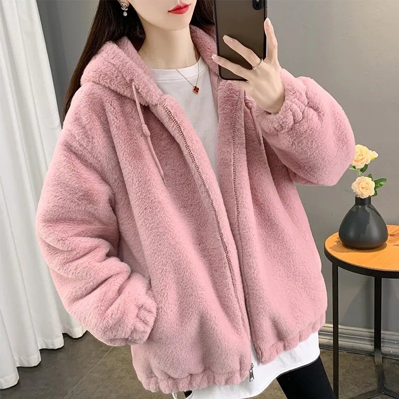 Womens Solid-Color Plush Winter Coat With Hood - Image 3