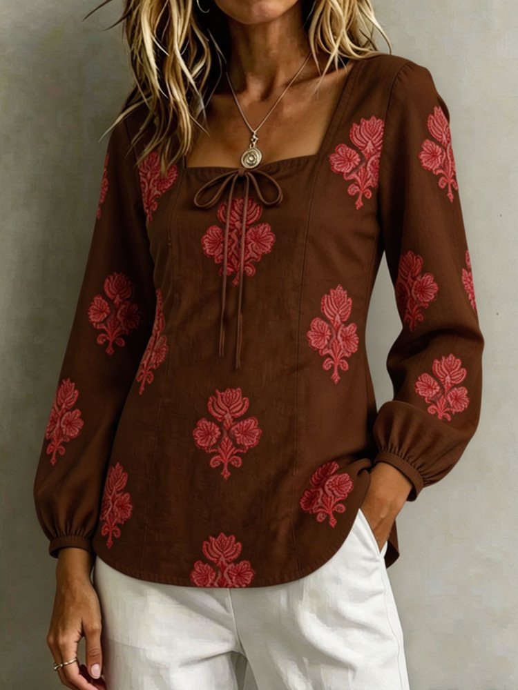 Womens Casual Long-sleeve Square-neck Top With A Standard Digital Print - Image 10