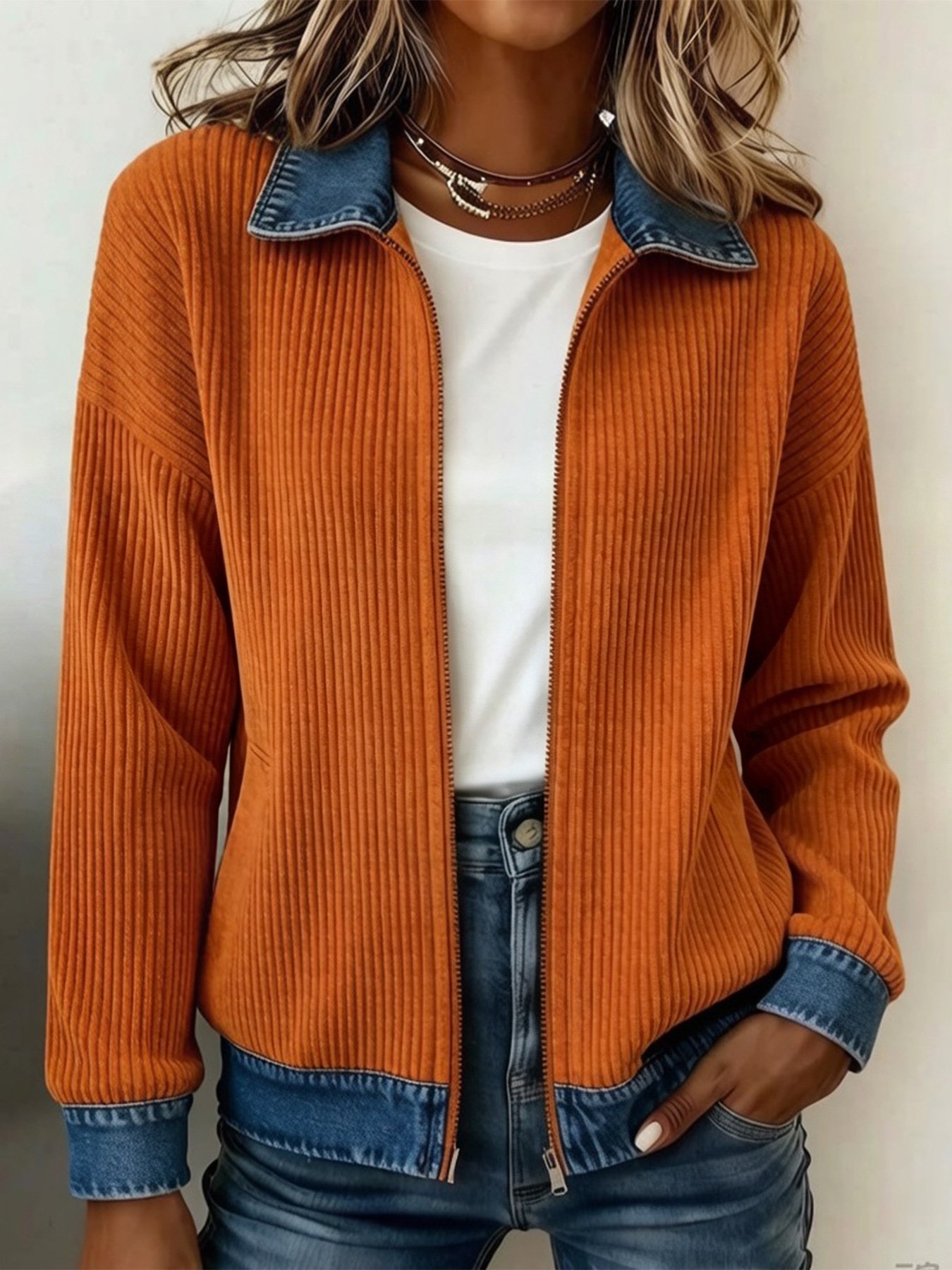 Knitted Patchwork Denim Shirt Womens Cardigan Coat - Image 9