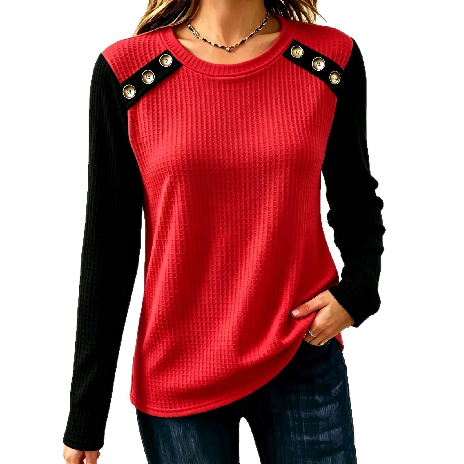 FallWinter Crew-neck Patchwork Waffle-knit Long-sleeve Top - Image 5