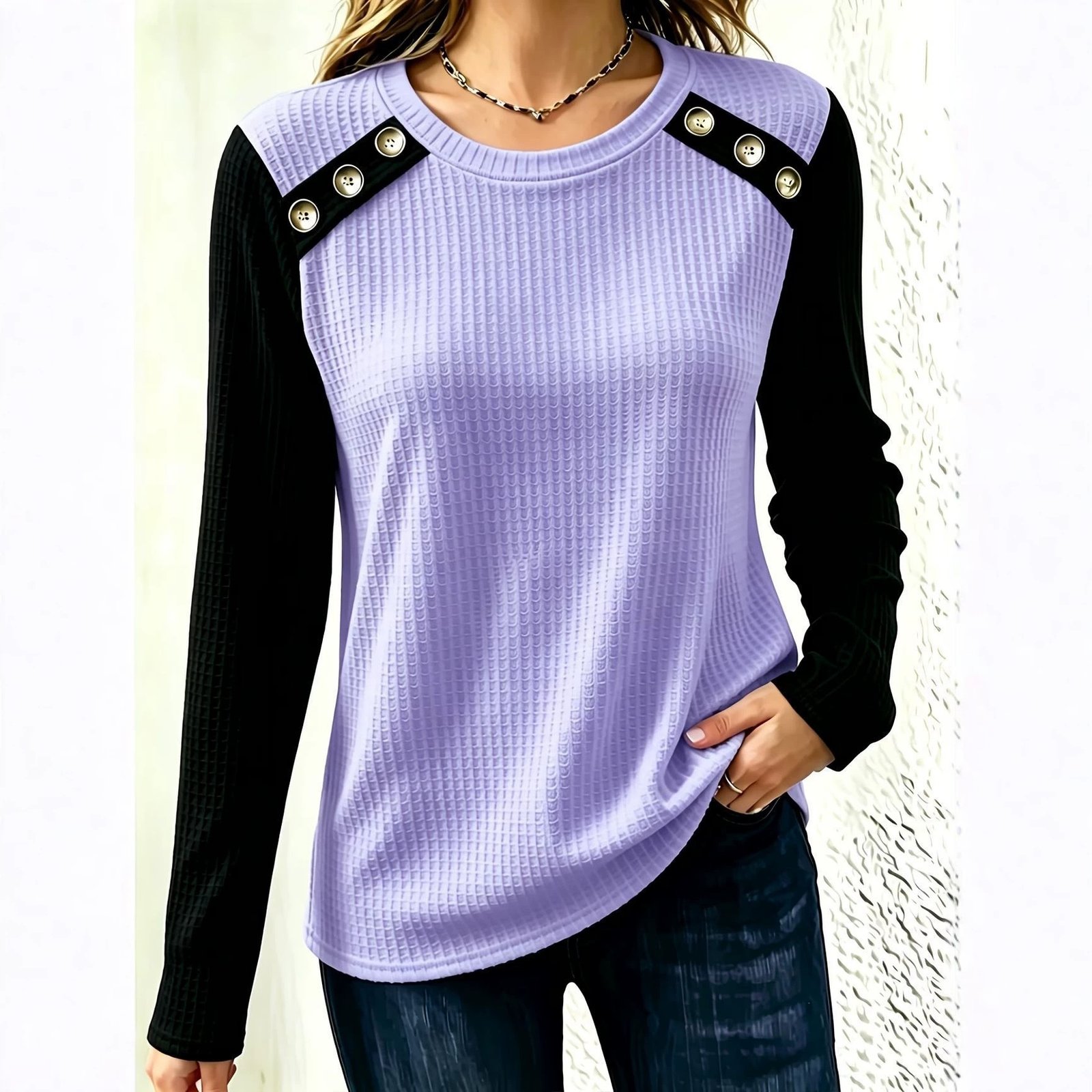 FallWinter Crew-neck Patchwork Waffle-knit Long-sleeve Top - Image 2