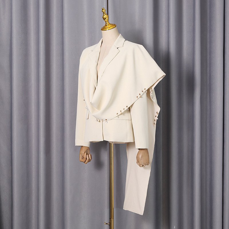 Waterfall Draped Pearl Crystal Bead Trim Asymmetrical Tailored Blazer - Image 8