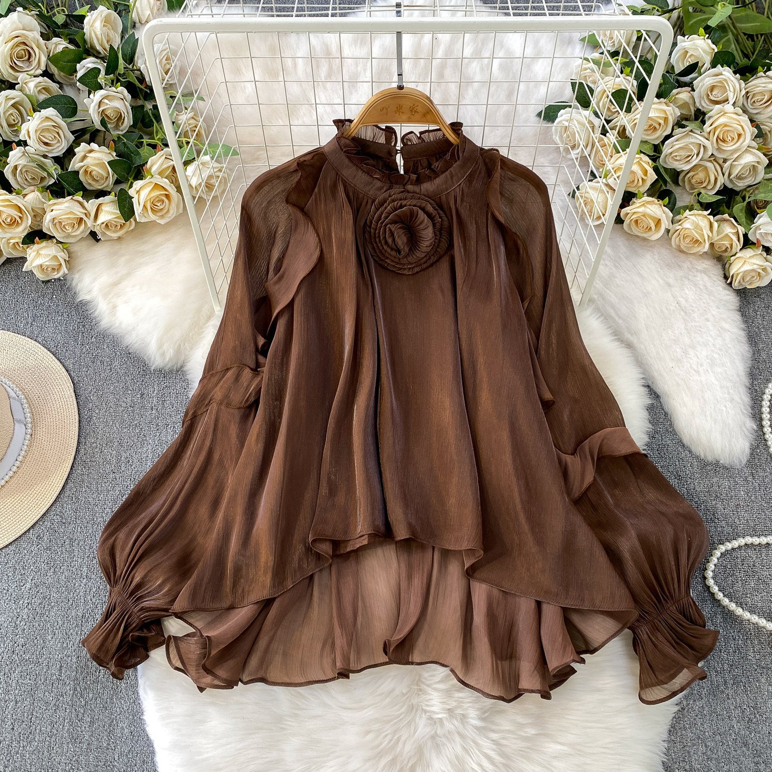 Gentle Elegant Floral Ruffled-edge Round-neck Blouse For Girls - Image 5