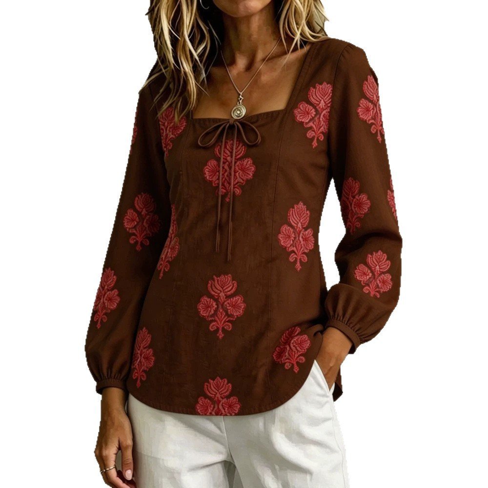 Womens Casual Long-sleeve Square-neck Top With A Standard Digital Print - Image 5