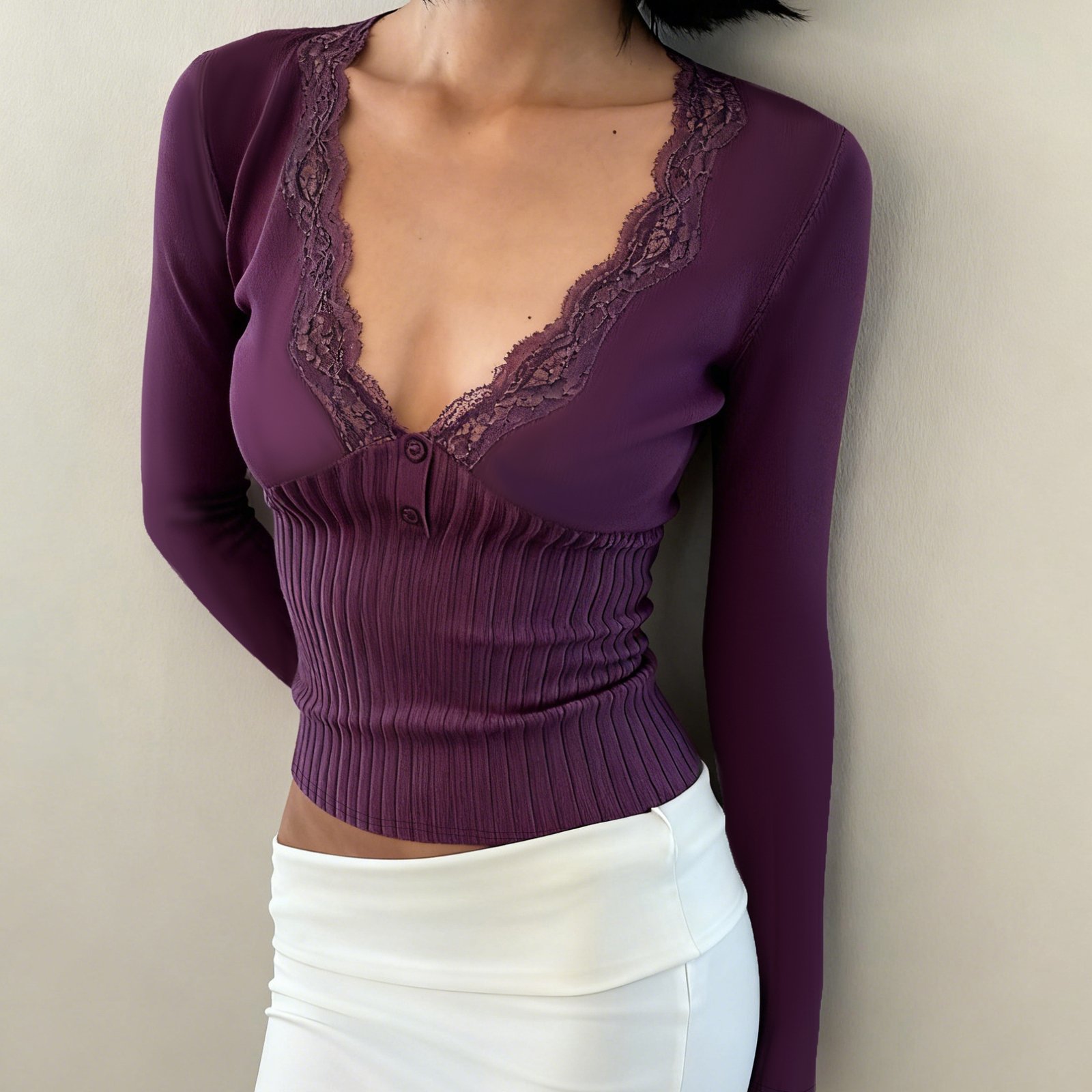 Lace-Panel Knitted Base Top For Women - Image 3