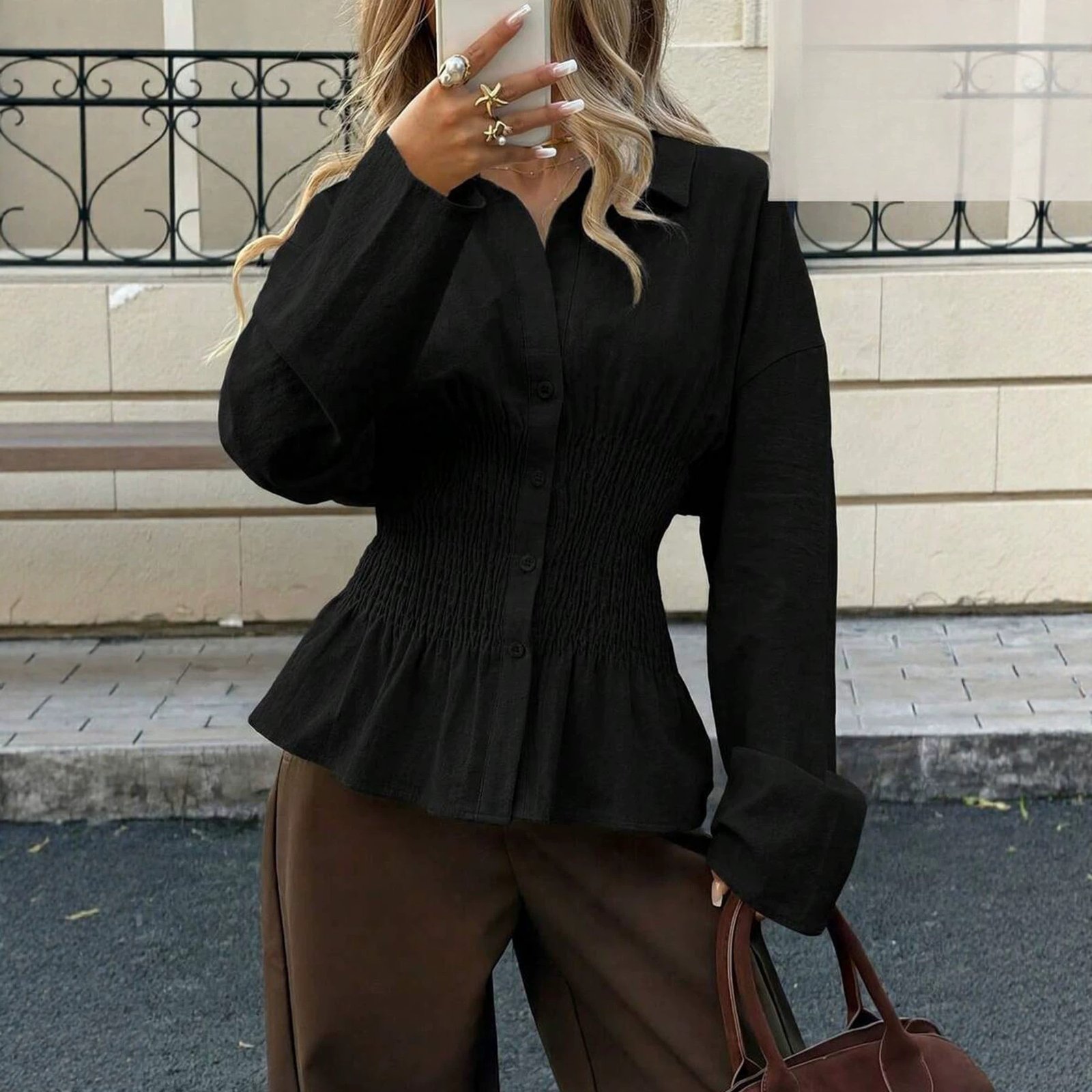 Elegant Solid-color Pleated Waist-cinching Blouse Top - Image 4