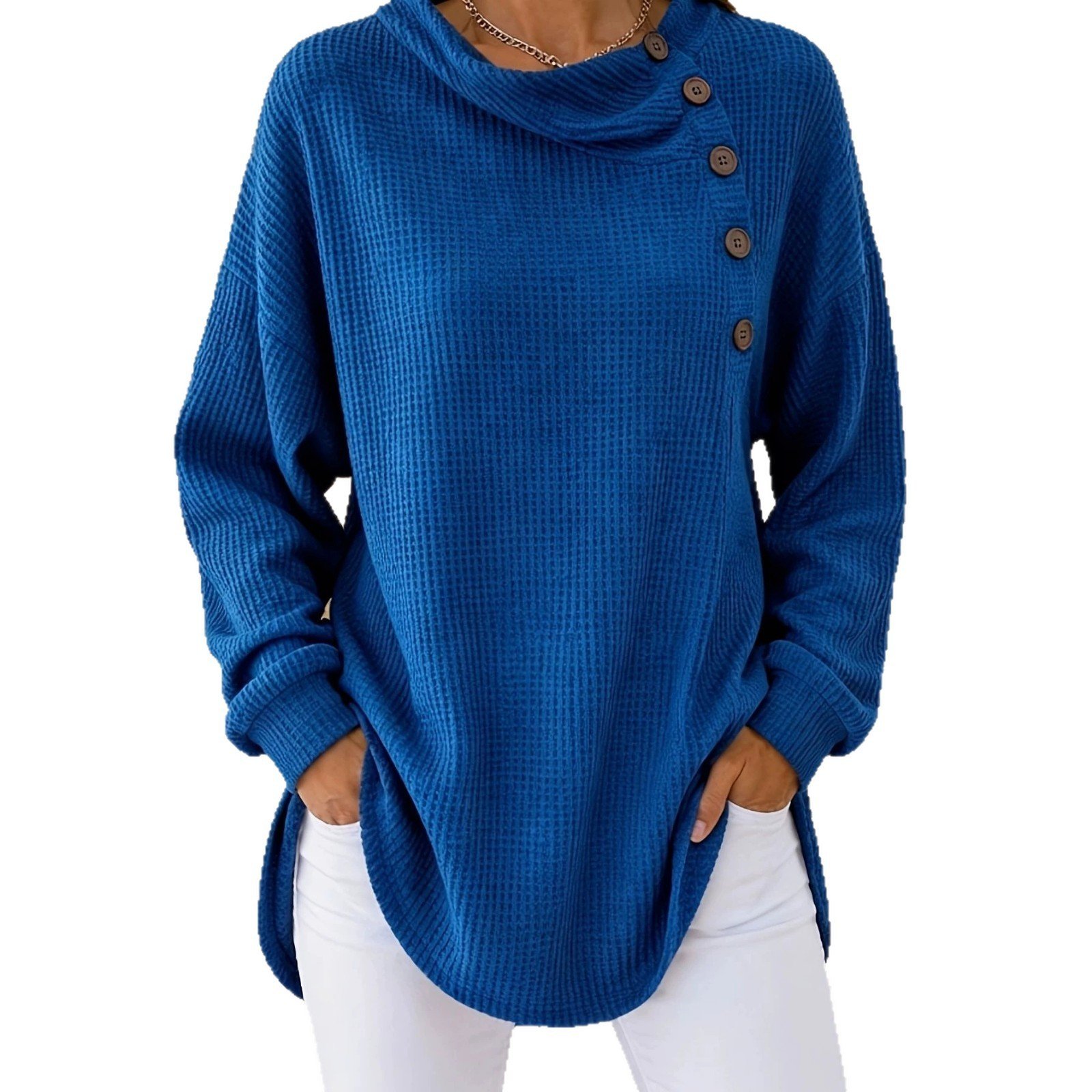 Womens Solid-Color Waffle-Weave Long-Sleeve Button-Up Casual Shirt Comfortable Top - Image 5