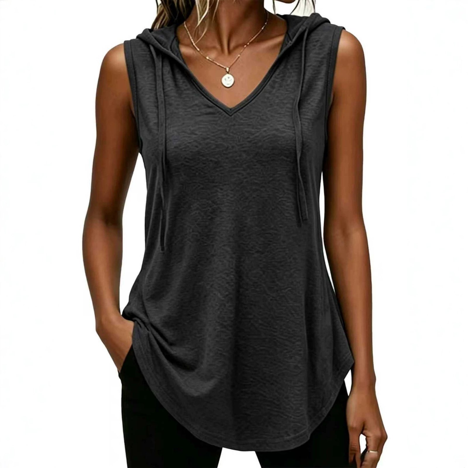 Fashionable Relaxed-fit V-neck Sleeveless Hooded Womens Top - Image 4