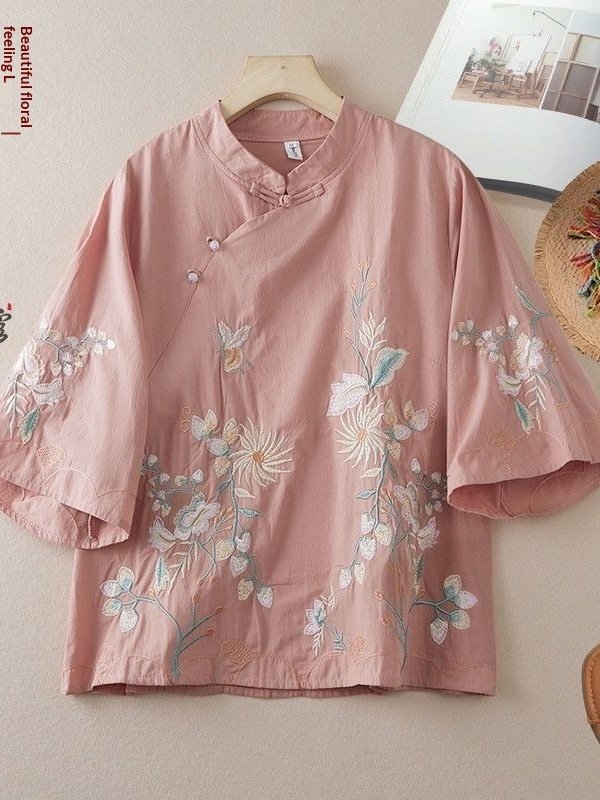 Chinese-style Embroidered Ramie Shirt For Women Spring Season With A Slanted Placket - Image 5