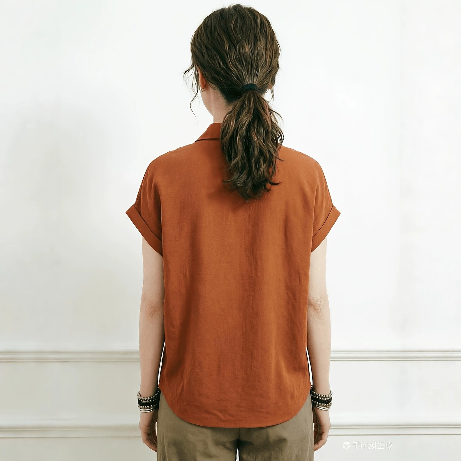 Womens Solid-color Loose-fit Casual Short-sleeve Lapel Top - Image 2