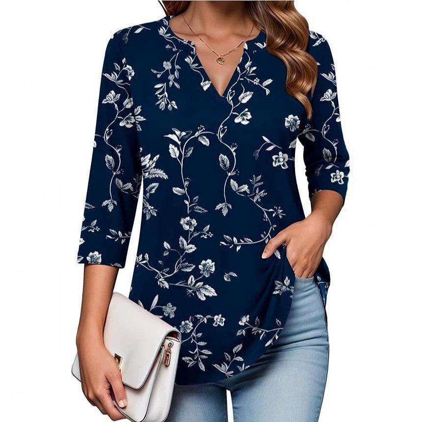 Womens Digital-Print Mid-Sleeve V-Neck Top - Image 2