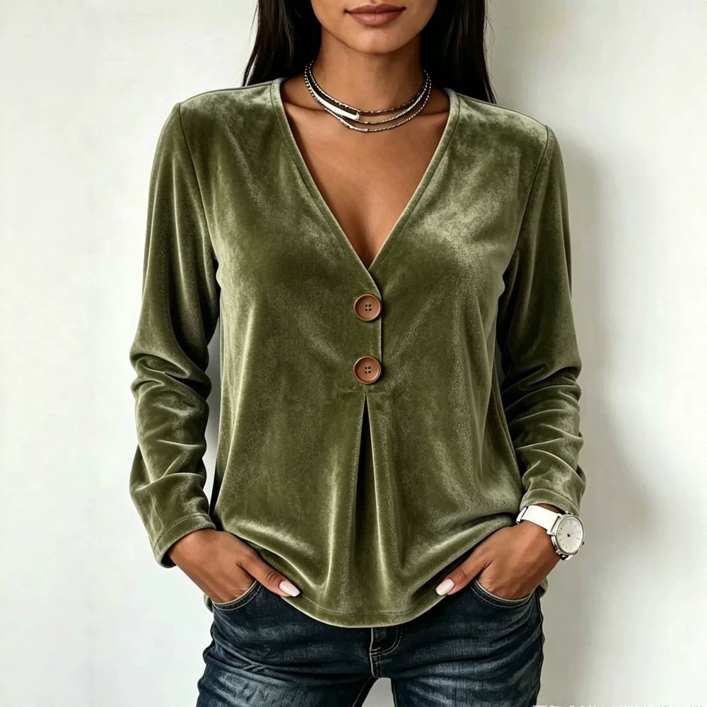 V-neck Velvet Solid-color Long-sleeve Womens T-shirt