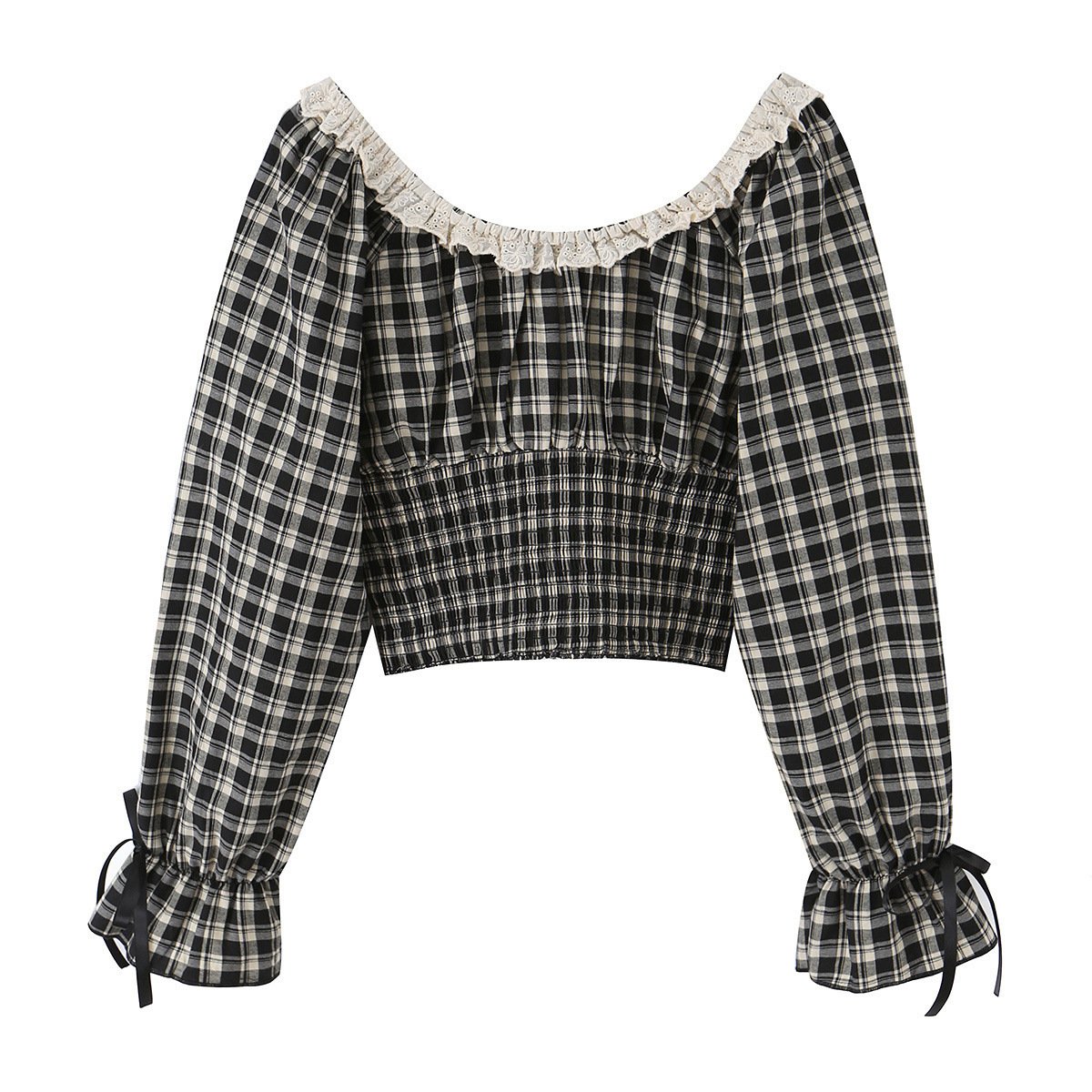 Retro Plaid Lace Square-Neck Short Top - Image 2