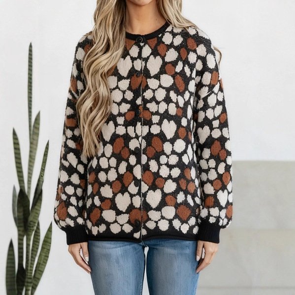 Womens Heart-Printed Round-Neck Cardigan Top