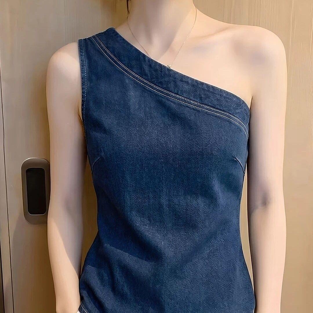 Light-luxury Sleeveless Blue Slim-fit Denim Top New Style